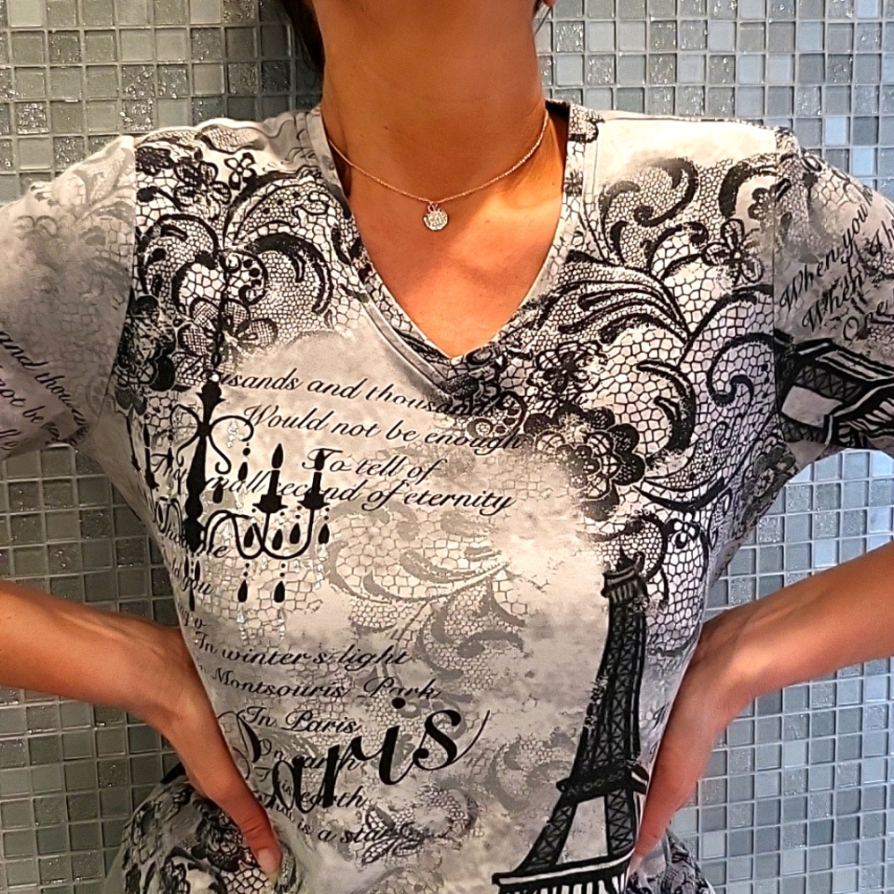 Abstract Parisian Motif 3/4 Sleeve Top with Crystals! *PM